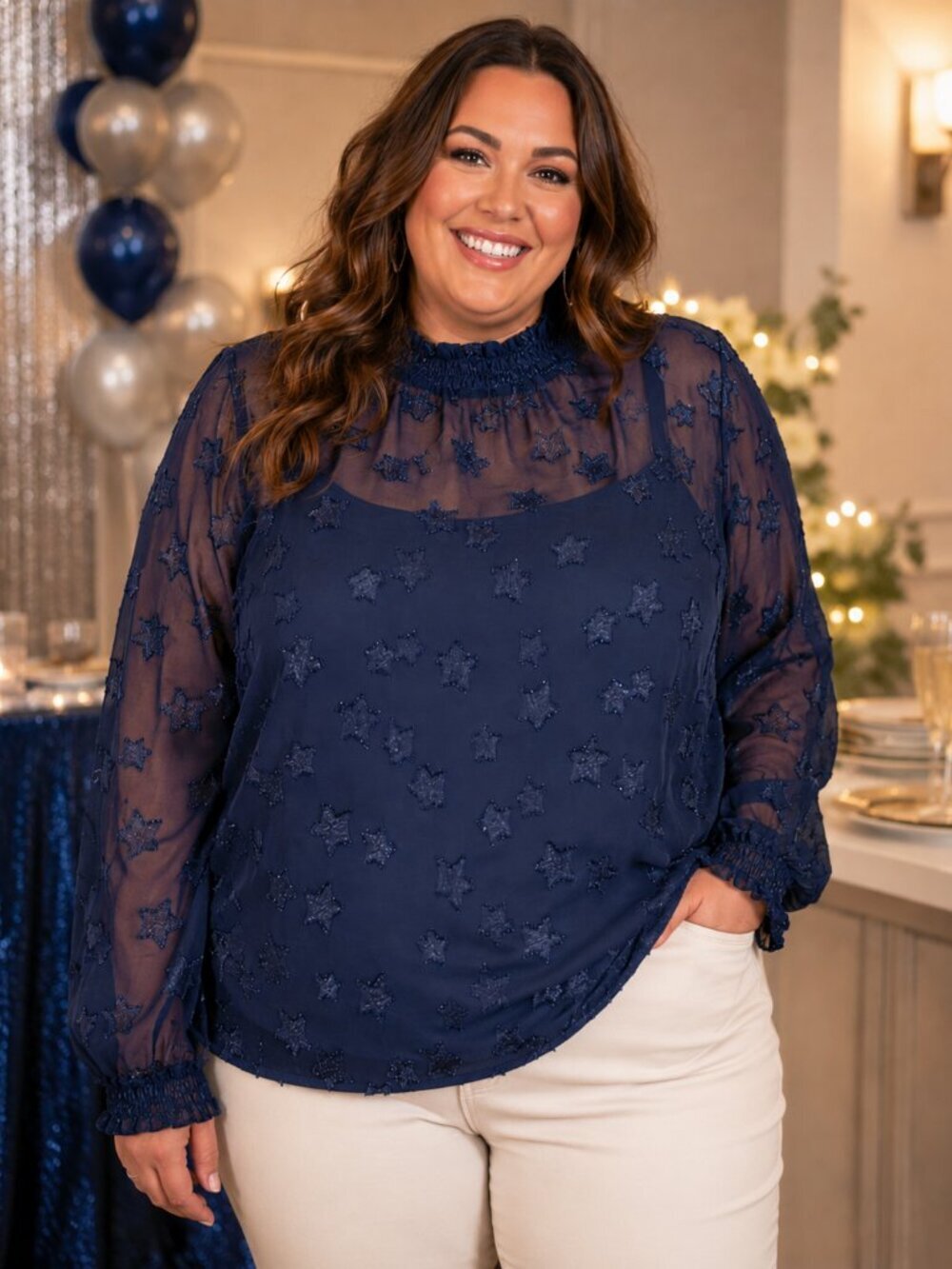 Torrid Top Women 3X Blue Long Sleeve Smocked Chiffon Star Lined Blouse NEW